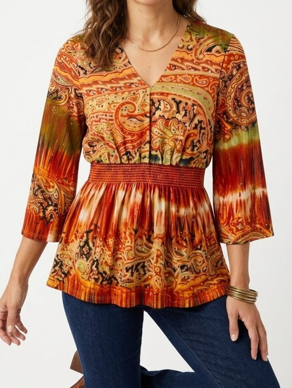 Vintage Y2K Christopher & Banks Paisley Peplum Top Boho Smocked Bell Sleeve